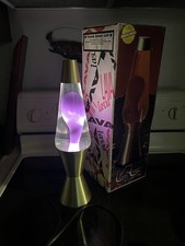VTG 1996 Lava Lite Lamp Purple Wax Clear Liquid. Gold Brass Base/ Cap + 102 Box picture