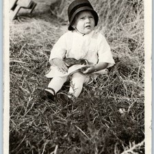 c1920s Cute Toddler Child Snapshot Photo Cloche Hat Pet Rabbit Bunny Field Vtg picture