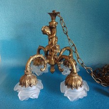 Vtg Antique Neo Victorian French Rococo Cherub Ornate Brass Swag Lamp Chandelier picture