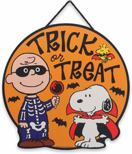 Peanuts Charlie Brown and Snoopy Trick or Treat Hanging Wood Wall Decor picture
