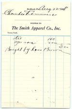 1928 Smith Apparel Co. Bedford PA Billhead, apparel sale picture