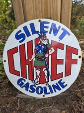 OLD VINTAGE SILENT CHIEF GASOLINE PORCELAIN GAS PUMP HEAVY METAL SIGN 12