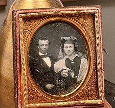 Daguerreotype of a Man & Woman Wearing Unusual Headwear or Veil 1/6 1850s picture