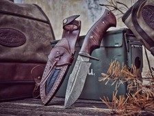 Custom Handmade Damascus Steel Bowie Hunting Knife Rose Wood Handle W/ Sheath picture
