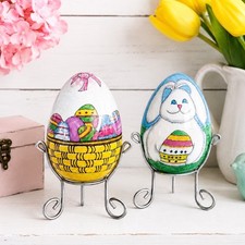 VTG Set of 2 LI BIEN Glass Eggs Hand Reverse Painted Easter Bunny 2000 Spring picture