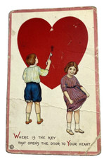Valentine Postcard c. 1910 Girl and Boy with Key to Heart Embossed Stetcher 518B picture