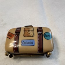Limoge Trinket Box VTG SUiTCASE- Travel Stickers Chicago & Carmel Sm Paris picture
