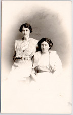 c1910 RPPC Two Young Women Edwardian Lace Striped Blouse Studio Portrait Postcar picture