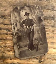 A+ Antique Tintype Photo Western Hunter / Cowboy Armed w Rifle Revolvers & Knife picture