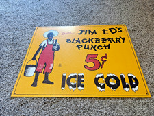 Vintage Embossed Sign JIM ED'S BLACKBERRY PUNCH ICE COLD METAL SIGN (11.5