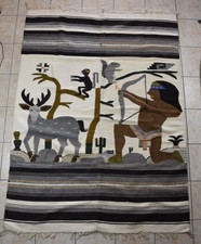 Vintage Mexican Handmade Textile Rug Wall Decor Aztec Deer Hunter Native Cactus picture