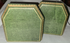 Vtg C. P. Leathercrafts green leather tombstone bookends w embossed gold accents picture