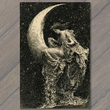 POSTCARD Crescent Moon Goddess Woman Starry Night Celestial Fantasy Black White picture