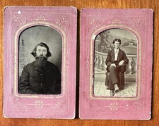 Tintype Set of Man & Boy in Interesting Frames Father & Son? Carthage Illinois picture