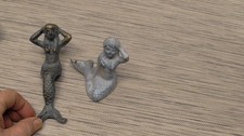 Two Vintage Cast Iron MERMAID Sculptures - Blue Green Statue Decor picture