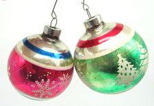 Vintage 1950s USA Glass Christmas Ornaments Pair Snowflake Tree Stencil MCM picture
