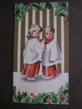 1954 vintage greeting card Art Guild CHRISTMAS Choir Girl Fixing Boy's Bow picture