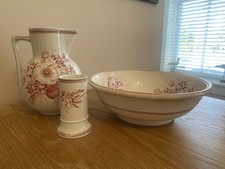 Antique Victorian Red Transferware 3-Pc Washstand Set Pitcher Basin Toothbrush picture