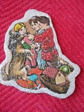 Vtg Victorian Img Glittered CHRISTMAS Ornament- CHILDREN PLAYING - Reversible picture