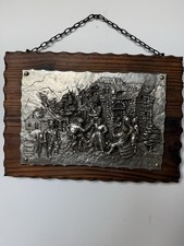 Vintage Signed J. Müller German Pewter Relief Plaque - Tavern Village Scene  picture