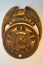 Antique Brass Fireman Grave Marker Plaque Badge Fire Dept Eagle 1900s picture