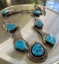 RARE Vintage Navajo Sky Blue Kingman Turquoise Sterling Necklace Signed BGY picture