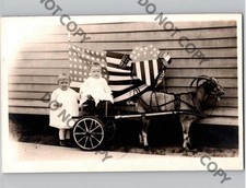 c1910 American Flag England Goat Pulled Drawn Wagon Cute Kids Patriotic RPPC picture