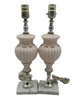 Vintage Pink Satin French Floral Glass Marble Boudoir Lamps 15” Tall picture