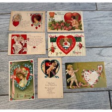 Valentine Postcard Lot 7 pc Antique Cupid Victorian Cards 1900s Embossed Cherub picture