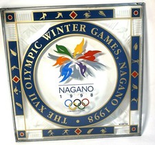 Vintage 1998 Nagano Olympic Winter Games Glass Advertising Window Sign 16.5x16.5 picture