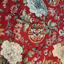 Vintage 1979 Chinoiserie Fabric Red Peony Butterfly Scotchgard 55x53