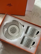 Hermes Mosaique au 24 Gray Platinum Coffee Tea Cup Saucer Porcelain Set for 2 picture