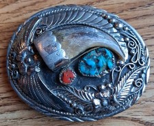 Vintage SSI Co. Native Handcrafted Turquoise & Coral Bear Claw Belt Buckle picture