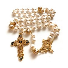 elegantmedical HANDMADE AAA+ 10MM White Real Pearl BEADS ROSE CATHOLIC ROSARY... picture
