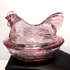 Longaberger Cranberry Pink Glass Hen on Nest Covered Candy Dish Vintage Chicken picture