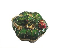 Bejeweled Frog & ladybug on Lotus leaf Hinged Metal Enameled Crystal Trinket box picture