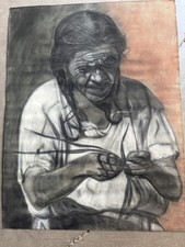 RARE ANTIQUE Charcoal Painting Native American Indian Art 25” x 18.5”MASTERPIECE picture