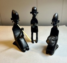 Vtg 3 Hand Carved Ebony Wood Africian Musician figures-5-6