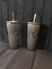 Set of 2 Starbucks Bronze Pleated Stripe 24oz Cold Cup Tumbler Metallic picture