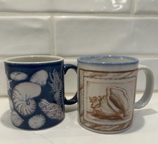 Vtg Otagiri Japan 70 Blue Ceramic Mugs Coffee Cups with Seashells - Set of 2 picture