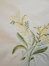Vintage Hand Embroidered Tablecloth Yellow Mimosa Branches Scalloped Edges picture