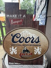 Rare Coors Banquet Beer Official Sponsor PRCA Pro Rodeo Metal Tin Tacker Sign picture