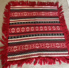 2 Vintage Traditional Hand Woven Hungarian Folk Art Red Fringed Table Toppers picture