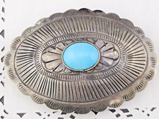 Antique 1850s Navajo Hand Stamped Silver over Brass Turquoise Glass Belt Buckle picture