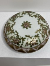 Vintage Made In Italy Porcelain Trinket Dish W/Lid Round Hand Painted Gold Gilt picture