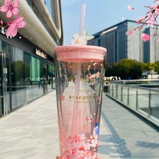 New Starbucks China Cherry Blossom Tumbler Red Sakura Glass Straw Cup 20 OZ picture