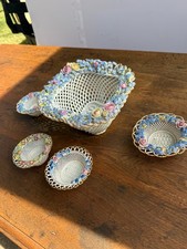 Antique German Dresden Porcelain Floral Basket Set Applied Flowers Roses 5 Pc picture