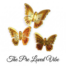 VTG 1970’s Home Interior Brass Butterfly Wall Decor Set Of 3 Boho Cottagecore picture
