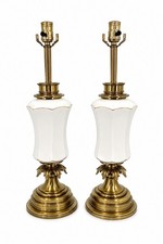 Pair Vintage Stiffel Creamy Off White Ceramic & Brass Plume Table Buffet Lamps picture