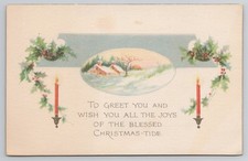 Vintage Christmastide Postcard c.1910 Greetings Candles Farm Scene Snow Gibson* picture